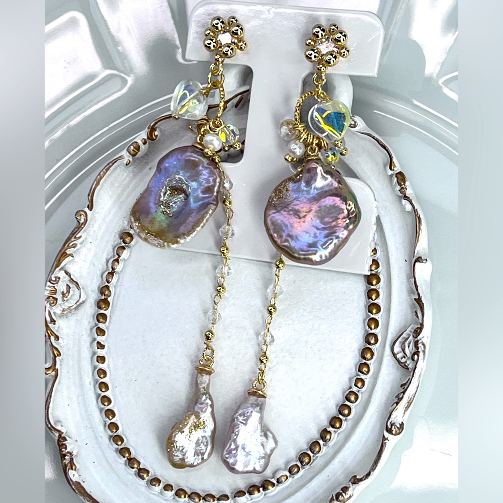 Handmade Freshwater Keshi Pearl Unicorn 🦄 Color Dangle Earrings S925 SS Posts - Picture 2 of 3